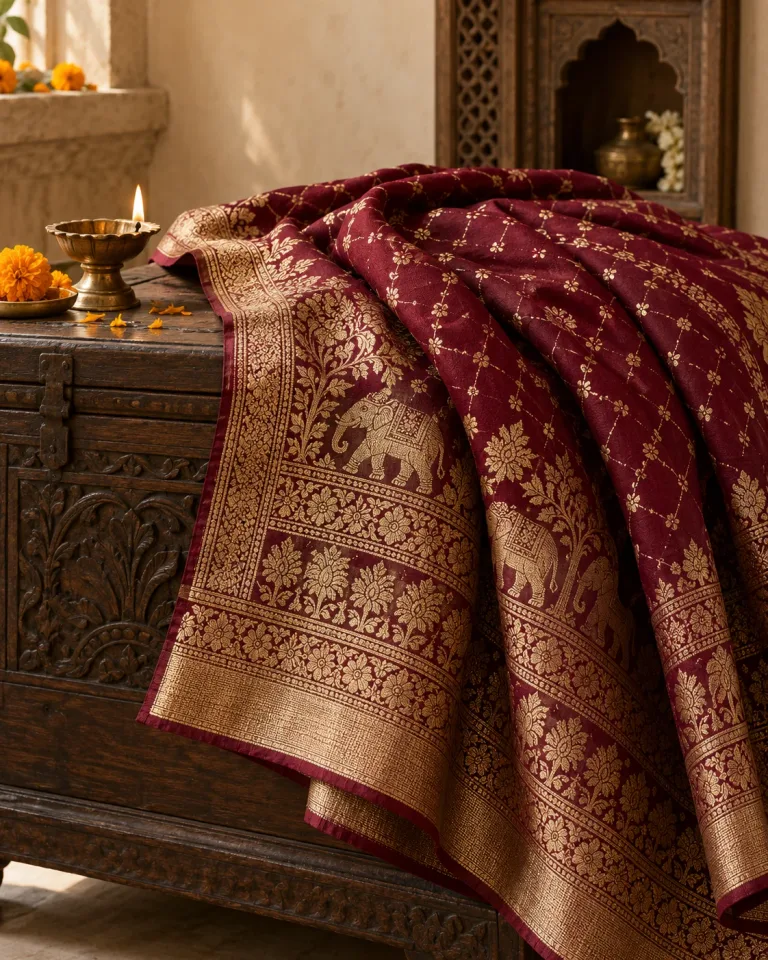 Burgundy zari textile draped over carved wood beside a brass diya